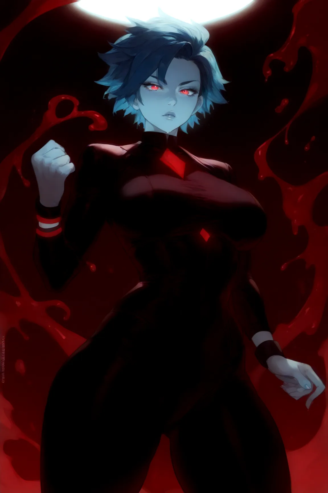 Slime woman, blue skin, blue hair, short hair, red eyes,Black wristband, black bodysuit, black pants ,Red scenario 