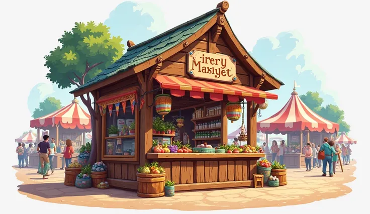 Cartoon wooden market stand on a transparent background