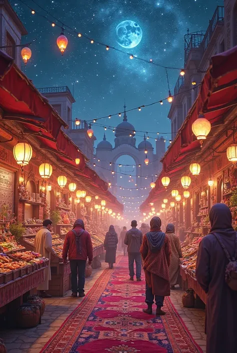 "Imagine a vibrant, otherworldly bazaar where the streets are lined with glowing, floating lanterns (fanoos) that change colors with the rhythm of the festive music playing in the background. The vendors, dressed in elaborate, shimmering attire, sell magic...