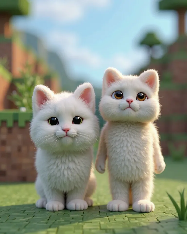 4k ultra realistic A white cat jo ek minecraft avtar ke sath khadi hai background minecraft type 