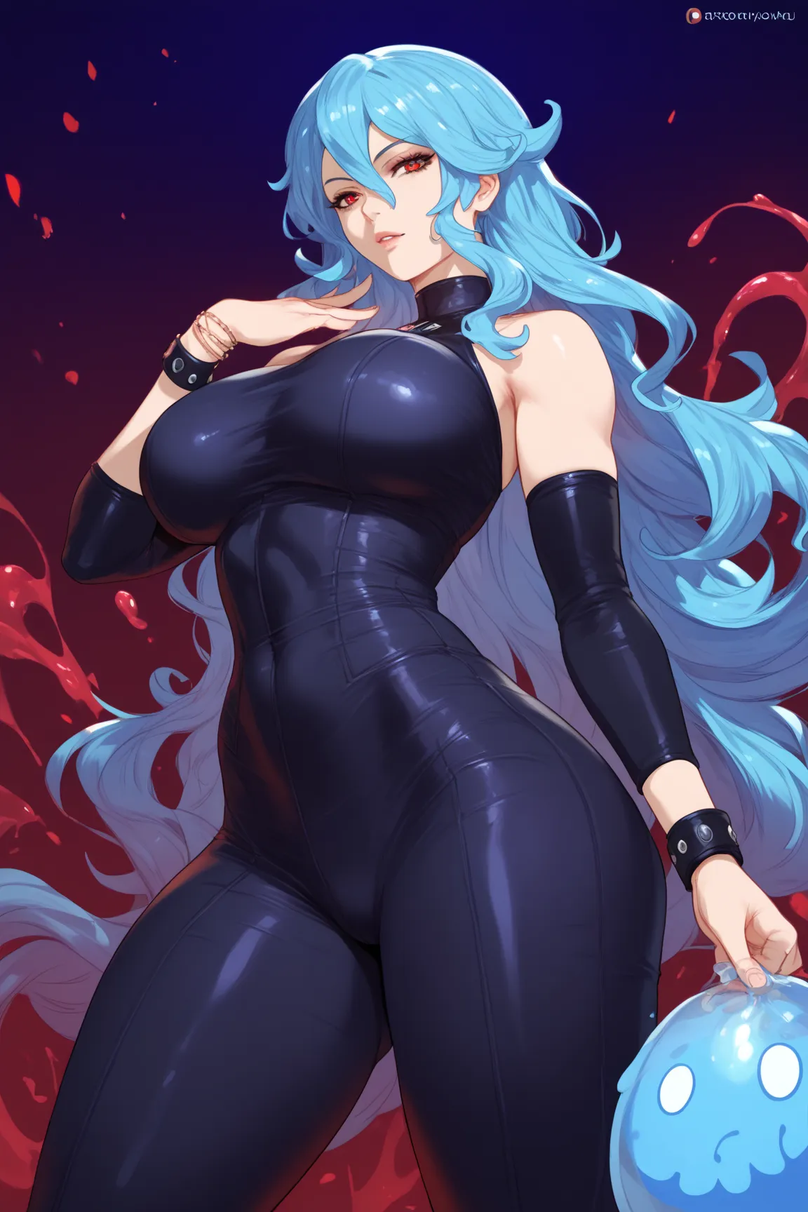 Slime woman, blue skin, blue hair, long hair, red eyes,Black wristband, black bodysuit, black pants ,Red scenario 