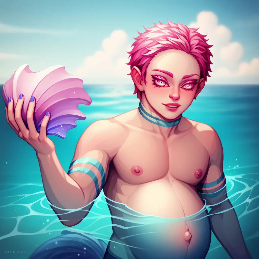  Shirtless pregnant man is a mermaid and has a blue mermaid tail and massive pregnant belly 

Short pink hair

Skinny