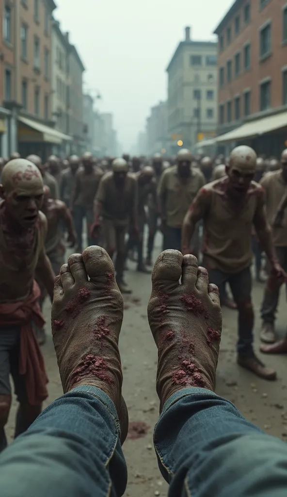 "throw: The image shows the perspective of a person,  with visible feet , watching a rapidly approaching horde of zombies. They stand around , with rotten skin and empty eyes. The view is blurred by the proximity of the zombies, some of them already trying...