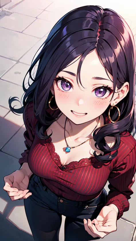 Pale purple forehead、long purple curly hair。red striped shirt。 hoop earrings、necklaces。 laughs。Touching cheeks with both hands。angle from above、cowboy shot、mature girl



anatomically correct, high detail, high definition model, very detailed, ultra high d...