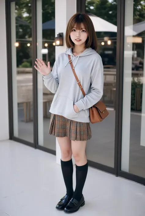 masterpiece, best quality, Cinematic photo, Japanese 18-year-old girl (short chestnut Hair, bangs reaching to her eyebrows), Complete Anatomy, Complete Hands, standing in front of a modern café with large glass windows, wearing a cozy light gray hoodie, a ...