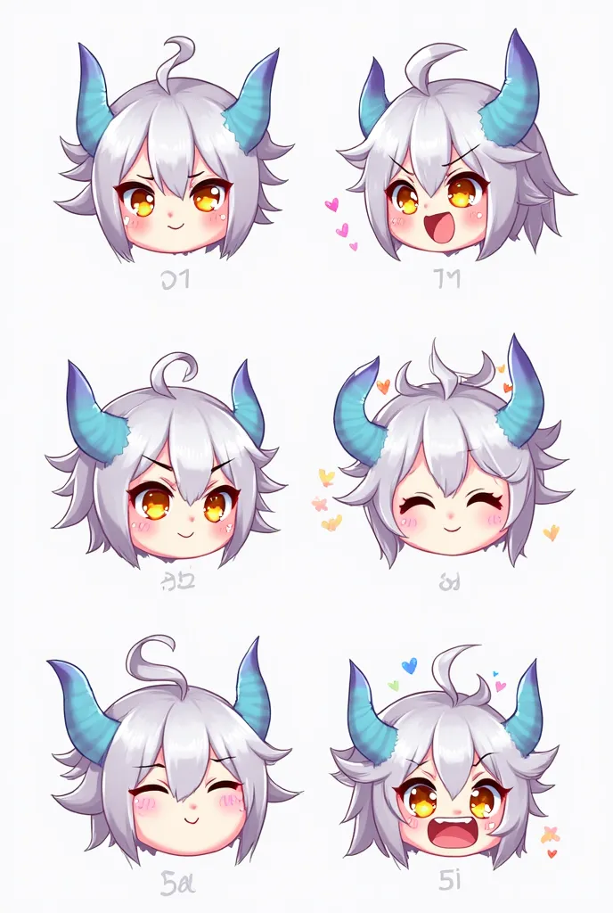 Twitch Emotes. A genderless character with light blue dragon horns tipped with purple, golden eyes, and silver hair, wearing a cherry blossom crown. The character is in five different expressions, each depicted as a separate emote. 1) Happy: Bright, cheerf...