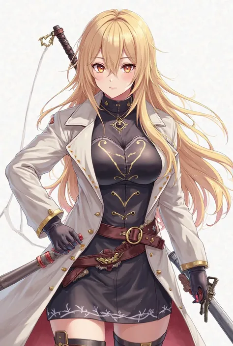 a drawing of a woman with a sword in her hand, from arknights, a sexy blonde warrior, female archer, anime woman fullbody art, beautiful female assassin, full art, official art, full - body artwork, female assassin, bengus, official character illustration,...