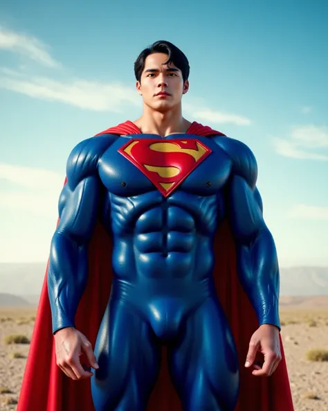 Superman, wearing superman tight costume, flexing, unsconscious