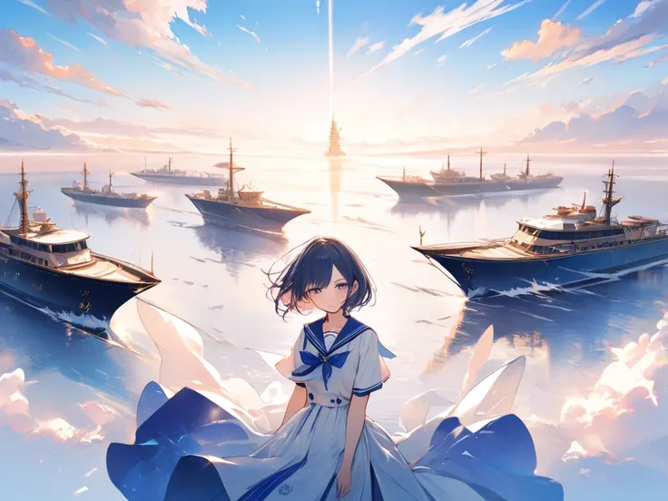 masterpiece, best quality, high detail, high resolution,
1 girl, sailor outfit,
standing at the bow of the ship,
short hair fluttering in the wind,
wearing a sailor-like outfit in blue and white that is easy to move around in,
confident expression, hope fo...