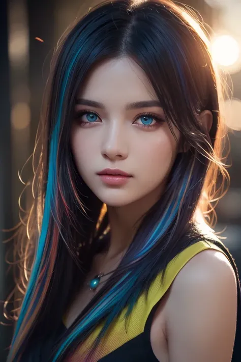 {{Masterpiece}},  best quality ,  Highly Detailed CG Unity 8K Wallpaper,  Cinematic Lights,  lens flare ,  beautiful detail eyes , black,  Sideways glance,   multi colored hair,  colorful  light, particle, Heterochromia, ( colorful :1.5), ( colorful  hair:...