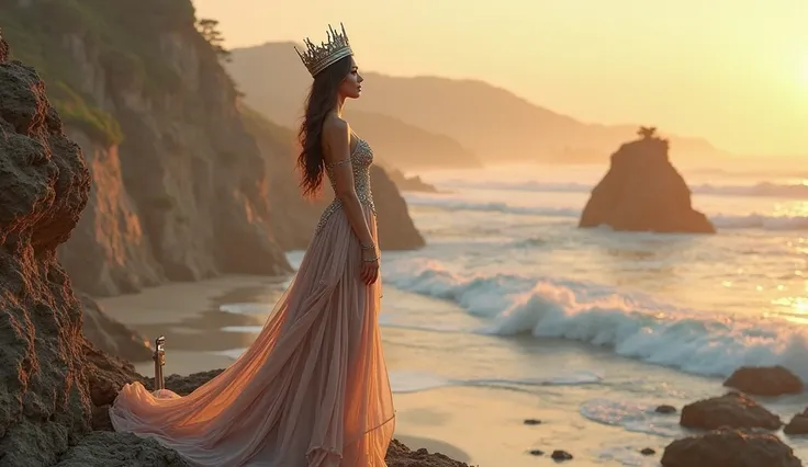 "A stunning woman wearing a unique, elegant dress and a regal city-inspired crown, standing confidently on the edge of rocky cliffs overlooking a breathtaking beach. The ocean waves crash below, and the golden sunset casts a warm glow on the scene. A styli...