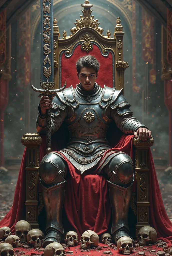 Pictures of a young warrior sitting on a throne holding a blood-stained sword with skulls underneath and the name Wissam written on it.