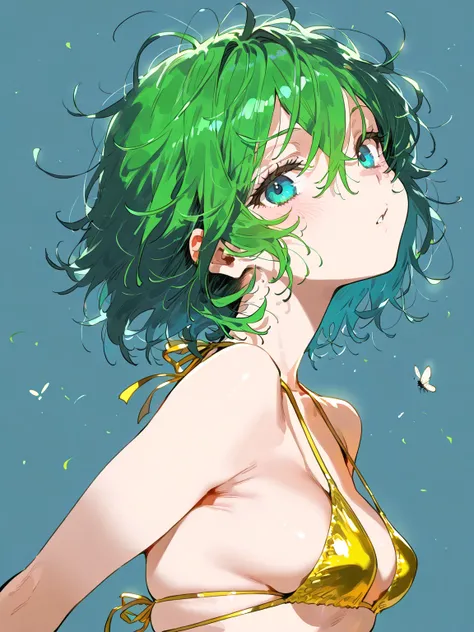 insect girl, solo, short hair, small breasts, green hair, messy hair