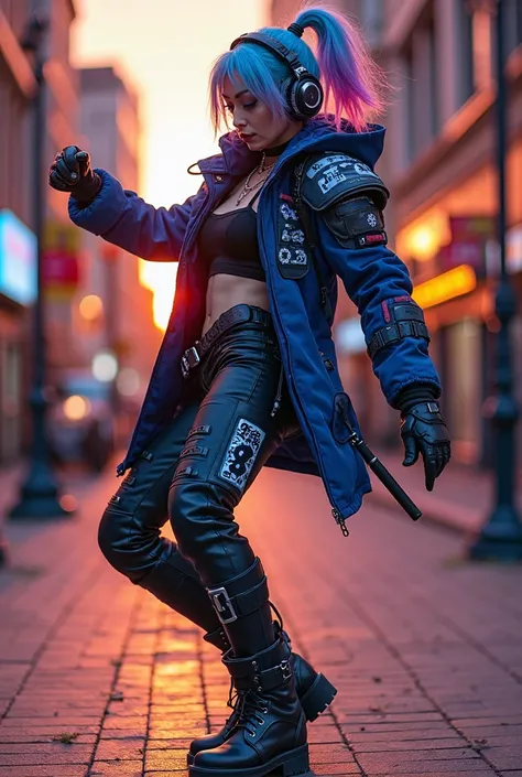 A dynamic breakdance pose. beautiful arrogant woman with ff7 face & rainbow hair, headset. combat pants & boots. Wearing rubber glow neon black & blue armor with patches kanji pattern on it. The armor have dual symetrical segment mecha-shoulder pack, dual ...