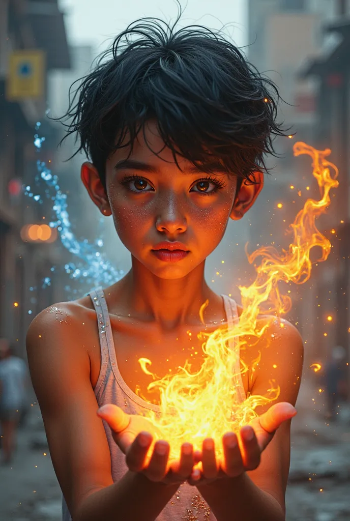 a young Brazilian, skinny black-haired and brown-eyed, with powers to control fire and ice 