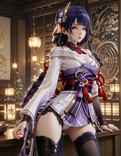 8K,master piece,raiden shogun, braid, braided ponytail, hair flower, hair ornament, long hair, mole, mole under eye, purple eyes, purple flower, purple hair, single braid, sidelocks,
black gloves, black thighhighs, bridal gauntlets, cleavage, gloves, gold ...