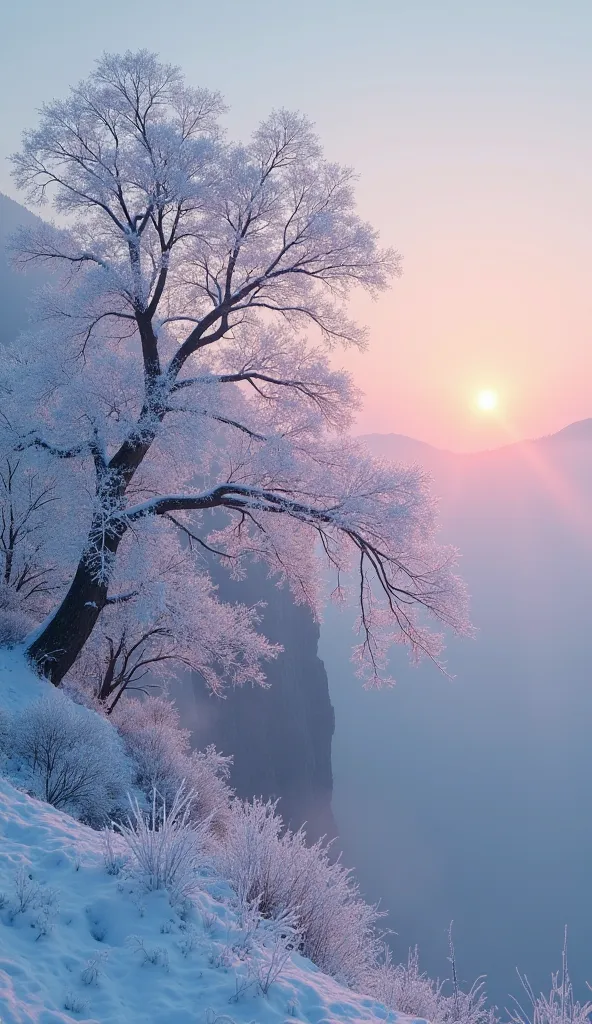  snowy tree 々,  frosty branches ,  crystallized sparkling ice , Asahi, gentle sunrise , Warm Light, Gentle fog, PASTEL COLOR,  delicate pink and blue tones, Winter landscape, Natural beauty, Quiet landscape,   serene atmosphere  , Steep cliffs, Rocky terra...