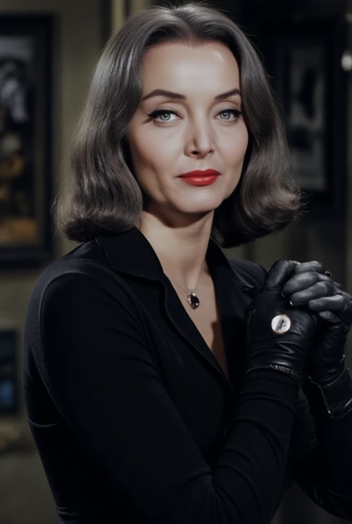 tallulah bankhead as 1966 batman villainess black widow.  woman's age is mid  50s, wearing shoulder length gray hair, wearing her tight fitting black outfit, wearing black earrings, wearing black leather gloves, wearing black knee high leather boots, stand...