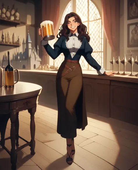 Full body picture of Cana wearing Vanessa clothes at the bar of an ancient medieval castle holding a huge beer glass, smiling, ultra sexy, hd, masterpiece 