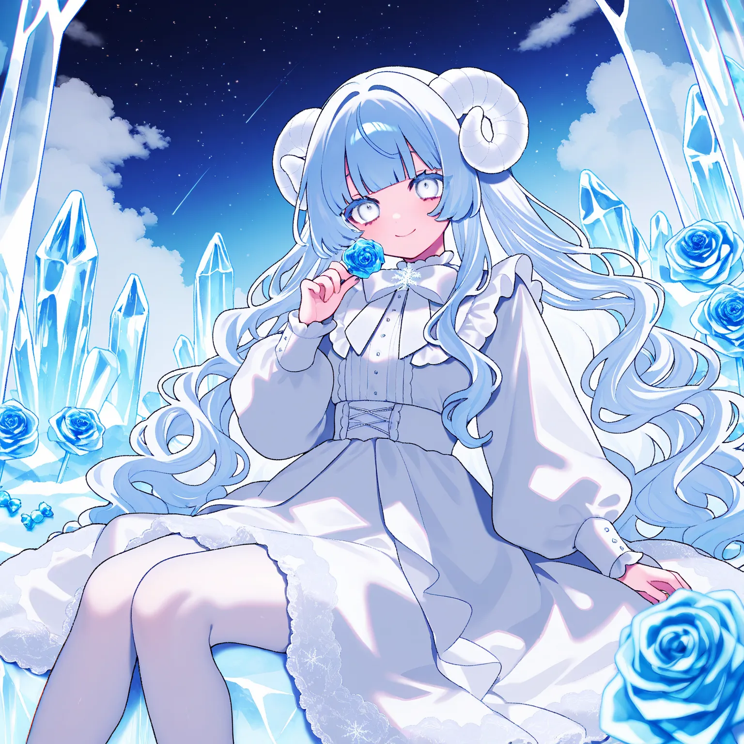 (Tsubaki Tsubaru:1.0),(Yumenouchi :0.1),( Kamikura Eku :0.1), 1girl , colorful, flower, ice flowers, ice rose, frozen, Alone, long hair, lolita, white lace tights, white lolita, white eyes, holding ice rose, wavy hair, long sleeves, lace, candy, smile, leg...