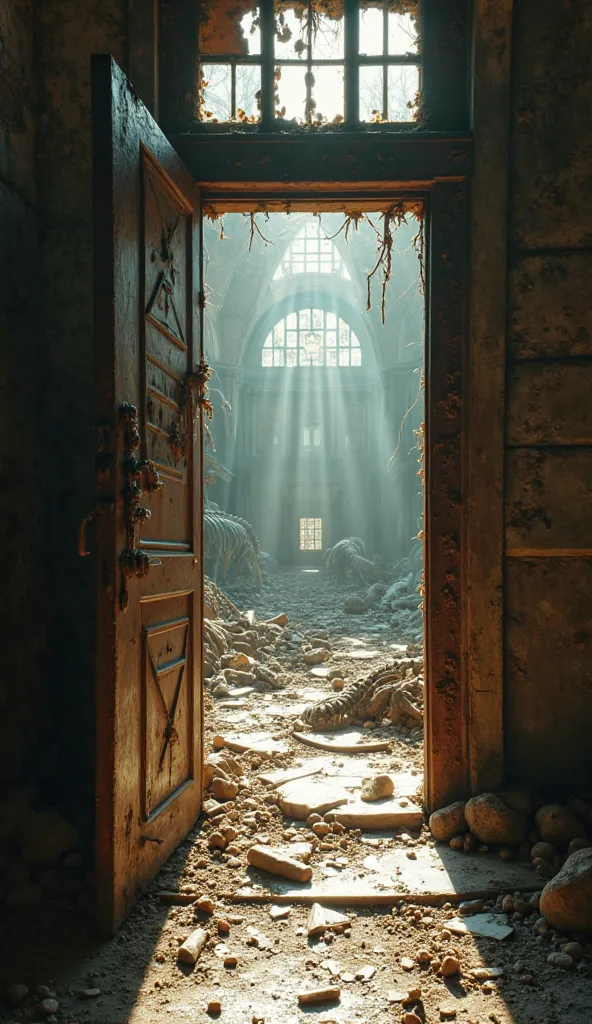 "POV of the Lone Wanderer pushing the broken doors of the Museum of Natural History. Hands touch the cold, rusted metal. Inside, the main hall is a post-apocalyptic scene with crumbling dinosaur skeletons and debris scattered on the floor. Sunlight streams...