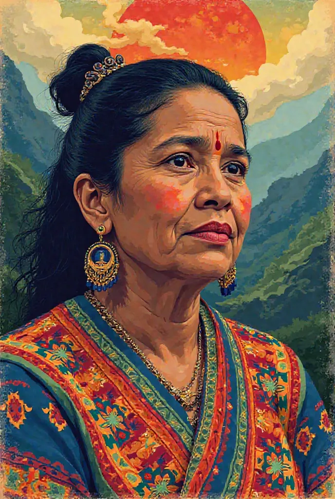 Create a poster with images and symbols referring to Rigoberta Menchú 