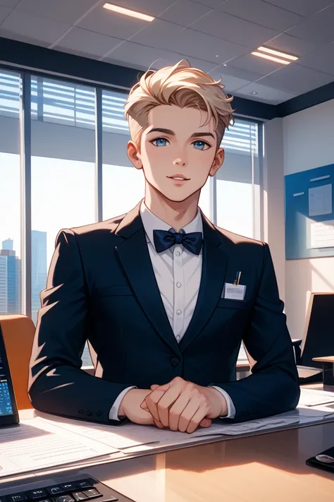 Reception desk for a young man in a suit