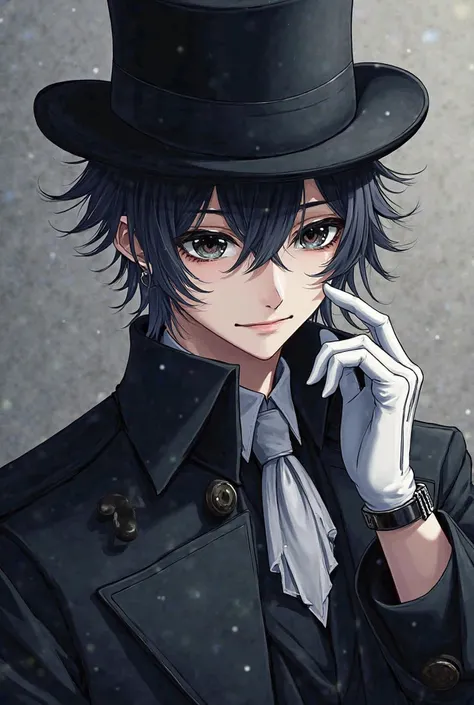 Anime boy with black and white hair, eyes black,sombrero de copa negro, white gloves,trench coat, white shirt,long smile ,Shaded on the face