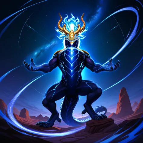 masterpiece, best quality, Eastern Dragon, aurelion sol, without humans, Alone, cosmos energy, Line,  blue sky , Impressive Pose , entire cosmic body 