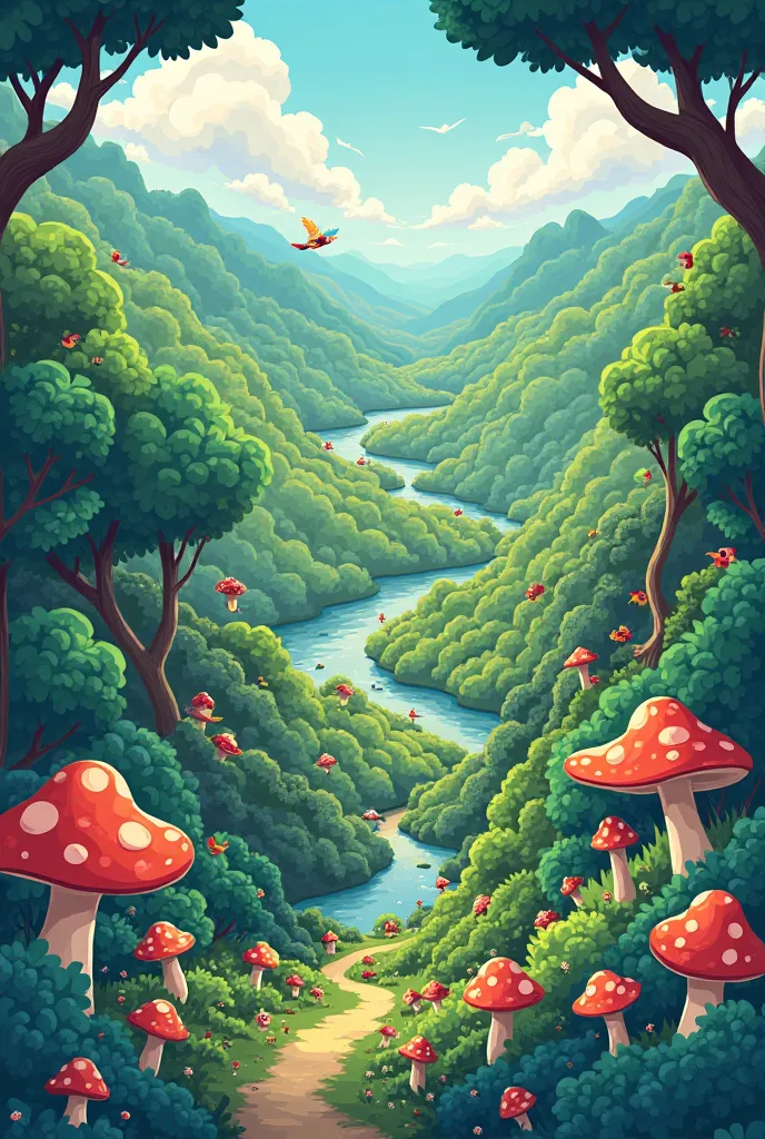 aerial view of a forest, cartoon style