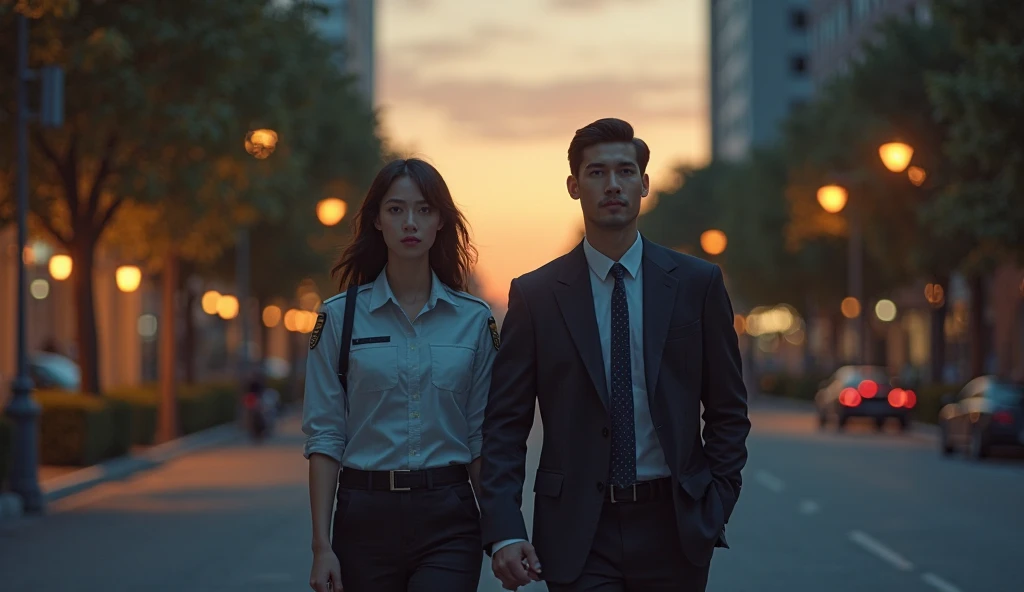 Create an image of a female security officer and a businessman walking side by side down a quiet street at dusk, their postures relaxed, a newfound sense of companionship in their expressions, aspect ratio 16:9