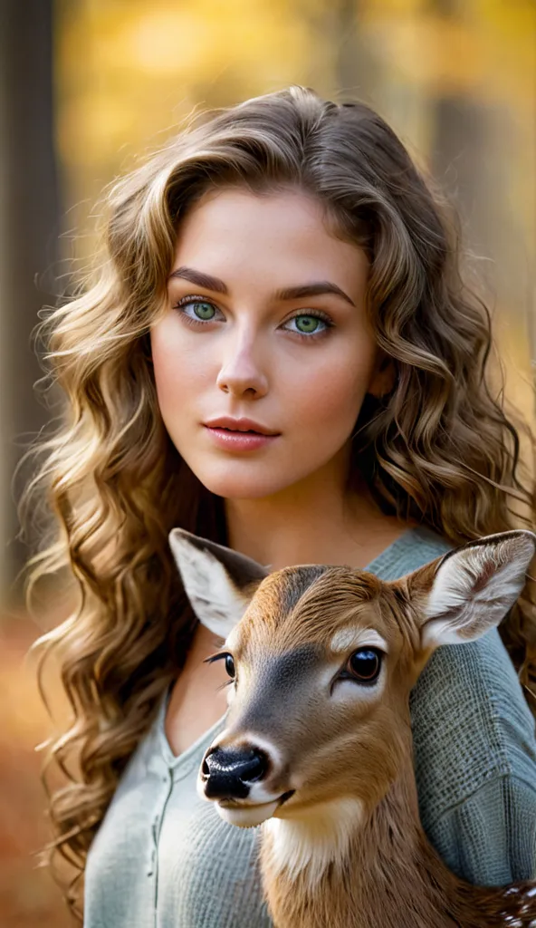 25-year-old woman with long curly light brown hair, gray eyes, green gray eyes, green eyes, deer look, luscious mouth, dimple in her cheeks, golden complexion. 