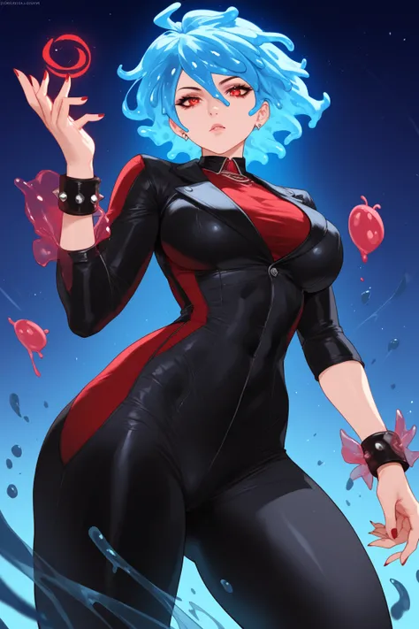 Slime woman, blue skin, blue hair, short hair, red eyes,Black wristband, black bodysuit, black pants ,Red scenario 