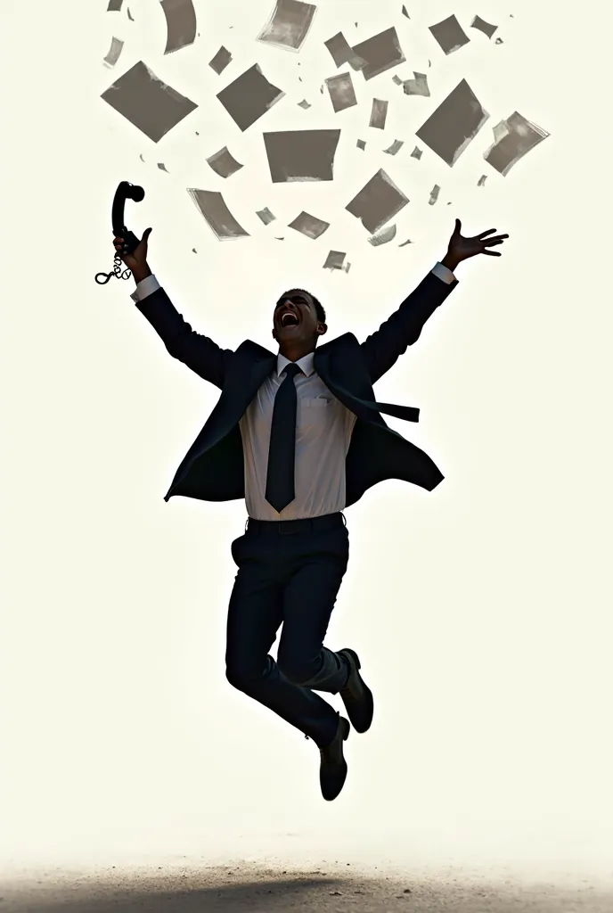 Silhouette of a person in a suit and tie throwing papers and a telephone on one side, happy, Celebrating and jumping, full body