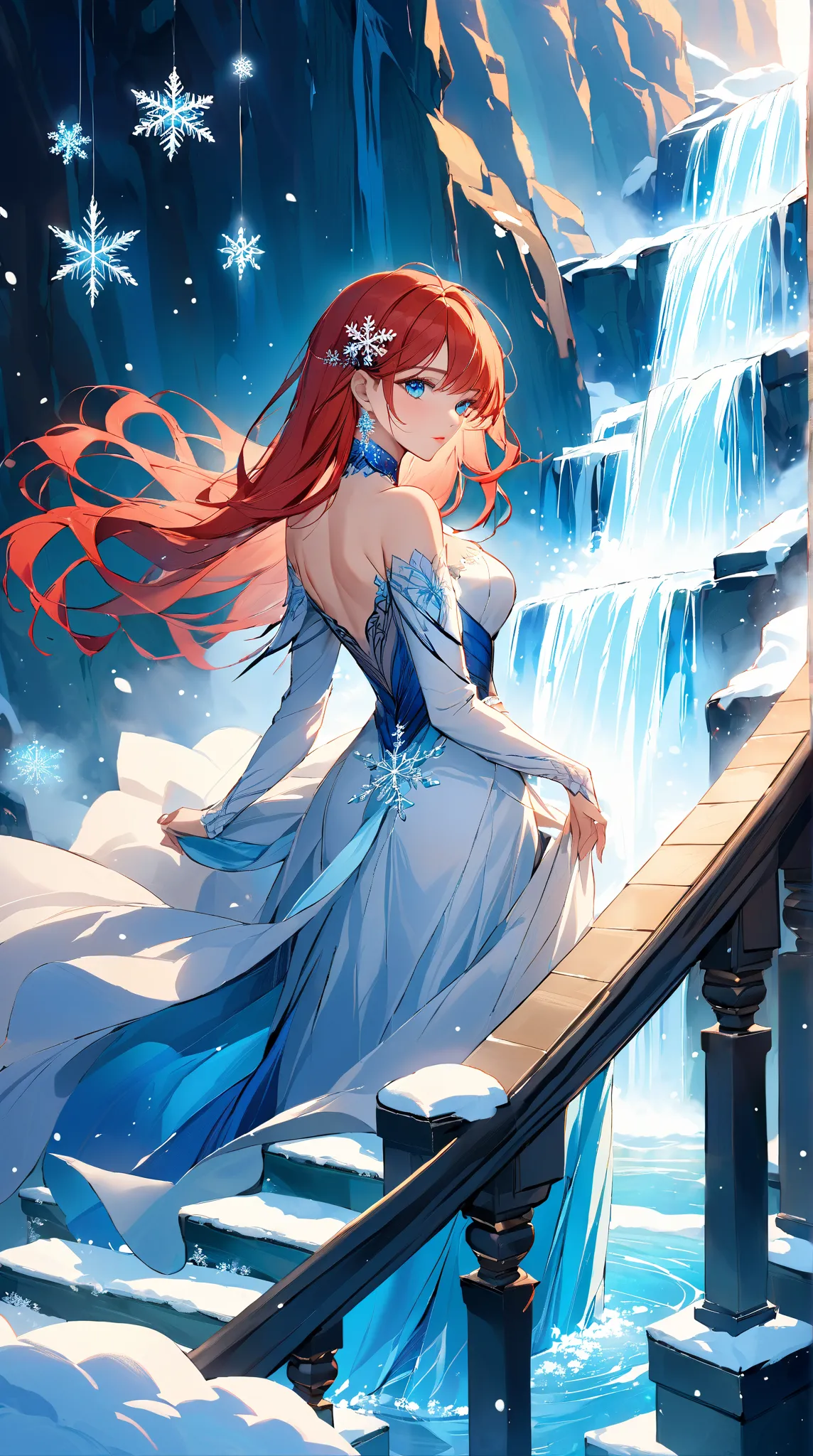 carefully drawn by an1p1xel The fiery red hair of a snowflake，shows a stunning work of mature beauty and icy blue eyes。drooping shoulders like a waterfall，standing on a burning staircase，Exuding elegance。