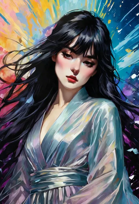 chiaroscuro technique on sensual illustration of an elegant queen (((long hair with bangs:1.4、Beautiful bangs) , vintage ,silky dress, matte painting, by John Singer Sargent, by Harumi Hironaka, abstract background, (upper body:1.5), Rainbow rain, highly d...