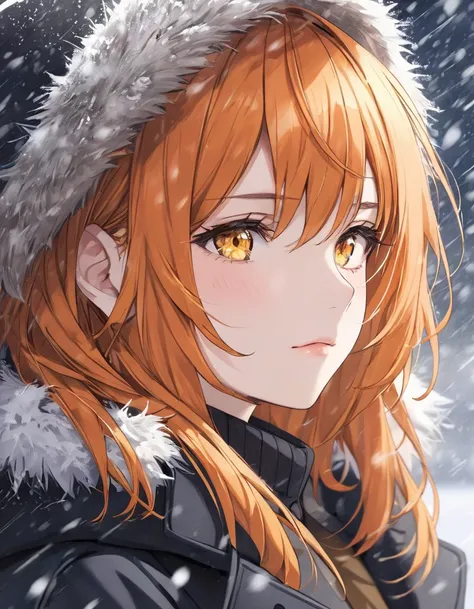  cool adult woman , short orange hair and yellow eyes、Slightly lonely face、face close-up、 coat、snowstorm background 