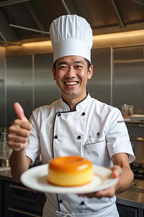 Picture of a chef wearing a chef's hat smiling with his right hand carrying a plate with a serving of pancong cake and his left hand giving a thumbs up as a sign of liking.