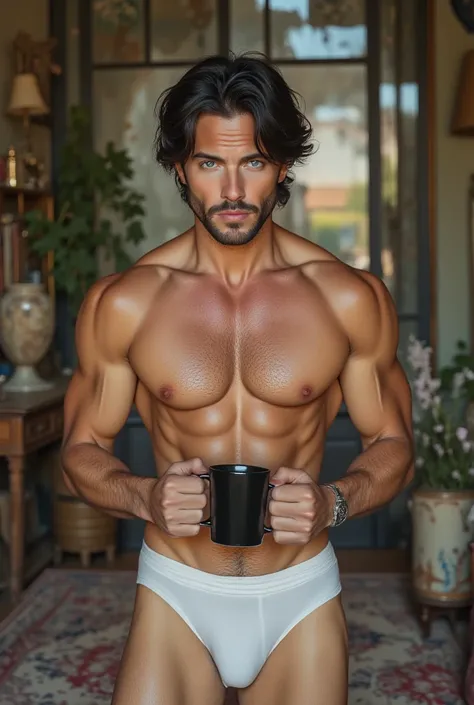 A handsome man wearing, strong arms,  muscular chest ,  body with defined muscles,  blue eyes,  thick muscular thighs ,  straight black hair slightly messy with locks falling on the forehead; body hair; abdominal hair ; wearing simple white underwear. Are ...