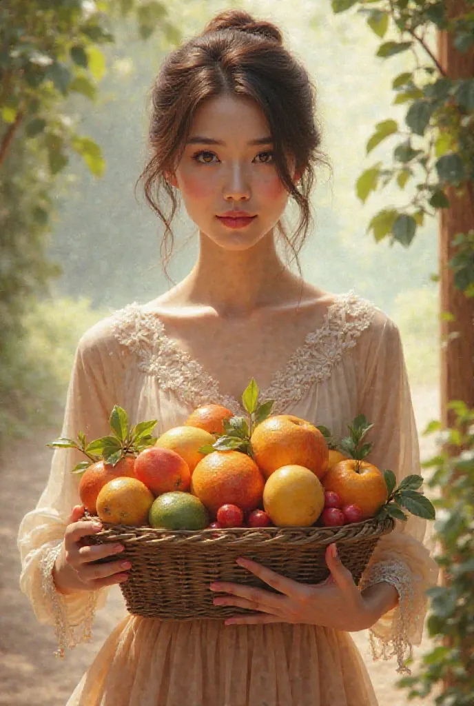 Pretty woman holding a fruit basket 