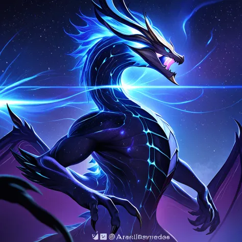 masterpiece, best quality, Eastern Dragon, aurelion sol, without humans, Alone, cosmos energy, Line,  blue sky , Impressive Pose , entire cosmic body 