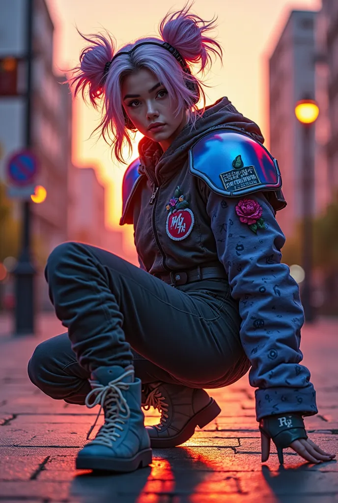 A dynamic breakdance pose. beautiful arrogant woman with ff7 face & wavy bunds rainbow hair, headset. combat pants & boots. Wearing rubber glow neon red & blue armor with patches kanji pattern on it. The armor have dual symetrical segment mecha-shoulder pa...