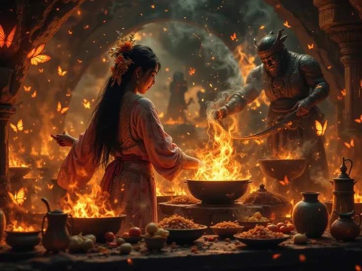 A hyper-realistic fantasy scene of a 1500s Sundanese priestess in Bandung crafting sambal in a basalt ulekan carved with Karuhun ancestor faces, grinding enchanted cabe chilies sparking storms and bawang merah bleeding crimson light. She wears a moonlight-...