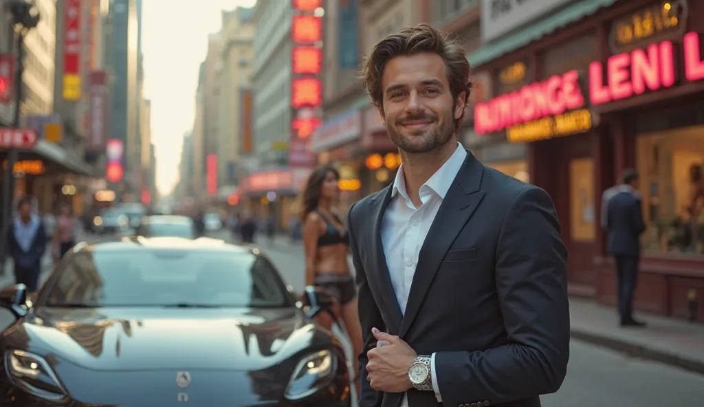 In the image, a well-dressed man stands confidently near a luxurious sports car parked on a bustling city street. He is wearing a tailored suit, complete with a crisp white shirt and a designer watch that glimmers in the sunlight. His hair is neatly styled...