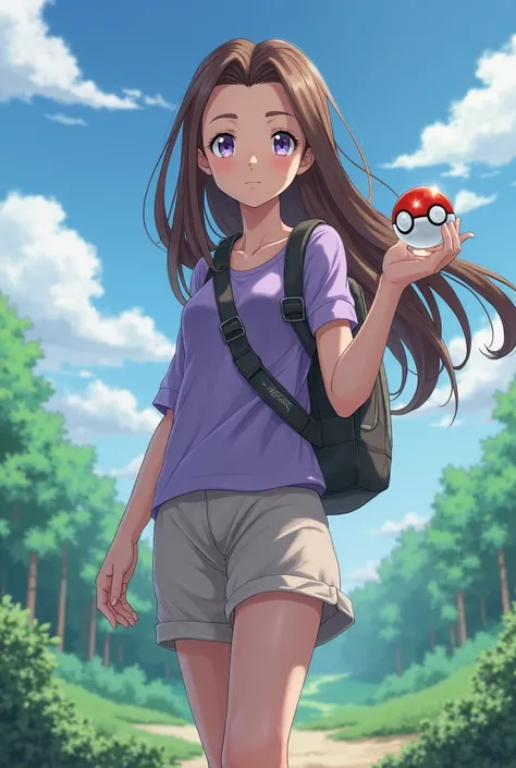 Girl pokemon trainer holding pokeball with brown hair and lilac eyes