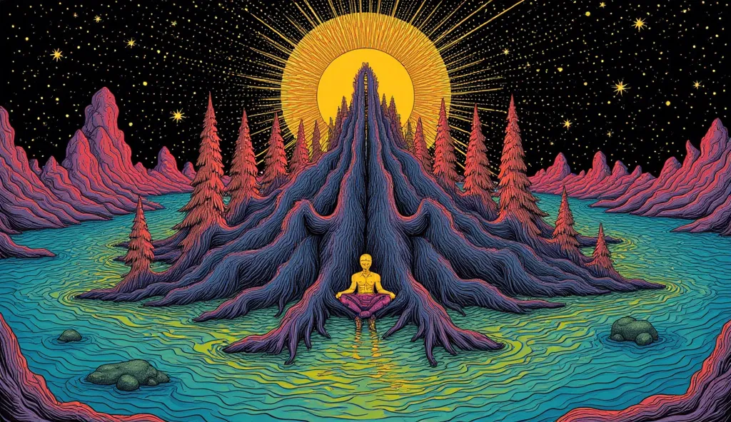 I want a picture of a man sitting in a pile of trees in the middle of the sea.
 psychedelic cosmic, oniric, fluid, ethereal,alex gray, Robert crumb, Hiroshi Nagai, paul laffoley, Magnificent, mystical,,
 psychedelic illustration,  alchemy (colors: purple, ...