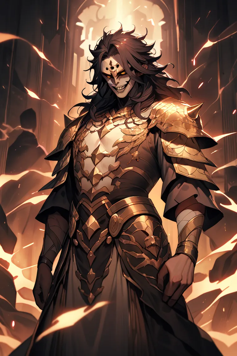 Demigod , man, high, strong, extremely white skin,  golden eyes, long black hair,  has a macabre smile , elongated teeth, Wear gold and black Chinese armor with spikes.