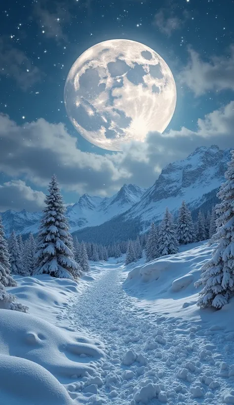 水晶でできたsnow国の夜, Made of , The sand patterns are beautiful、Huge shining moon、Sky with clouds、snow、ice、Mountain、 Christmas night、fantasy seen down、 Cinematic Appearance , wide shot capturing the whole,  including the subject and surrounding environment , iris...