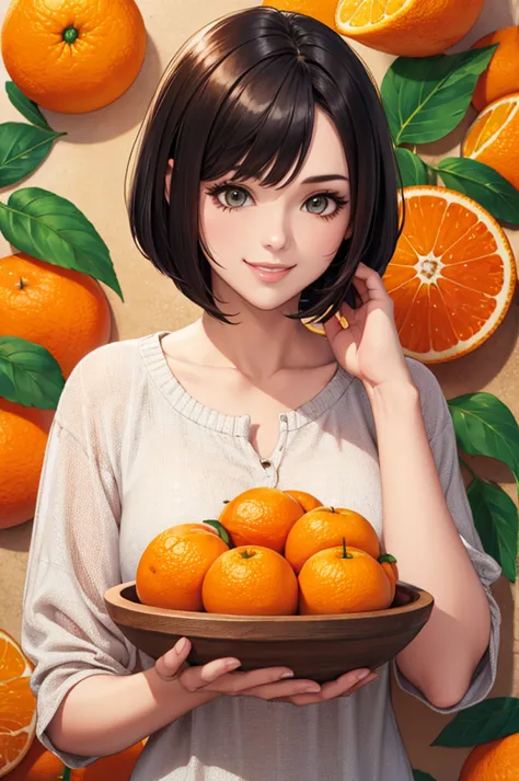 1girl, bob haircut, lively eyes, smile, casual clothes, summertime, normal orange fruit, orange color theme background