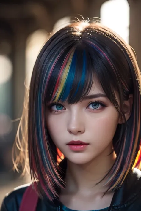 {{Masterpiece}},  best quality ,  Highly Detailed CG Unity 8K Wallpaper,  Cinematic Lights,  lens flare ,  beautiful detail eyes , black,  Sideways glance,   multi colored hair,  colorful  light, particle, Heterochromia, ( colorful :1.5), ( colorful  hair:...